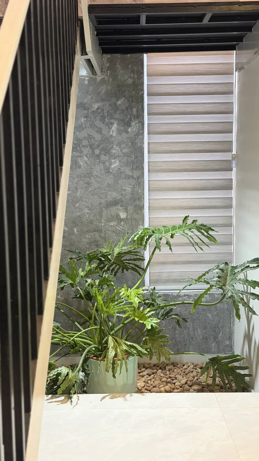 Stairwell planter with pebbles beside a textured grey wall